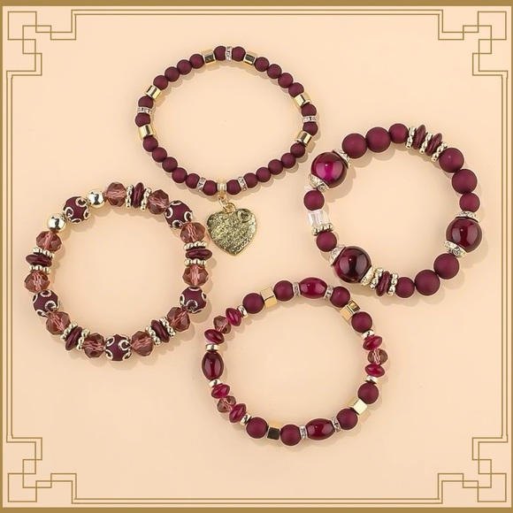 ❀ 2/$20 4PC Chunky Plum & Gold Bohemian Heart Charm Bracelet Set - Picture 2 of 3